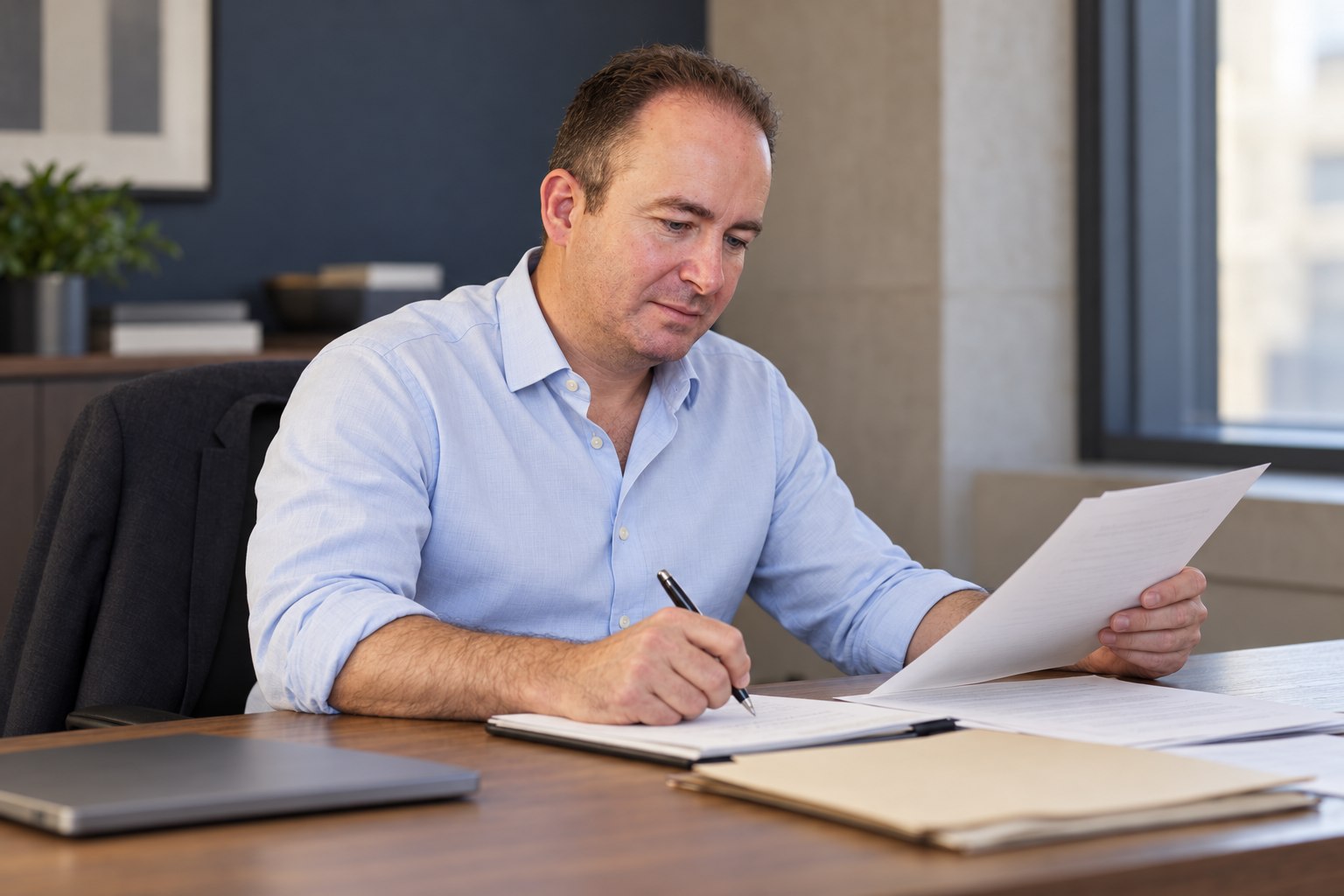 AI-generated editorial image of Pat Mazza examining documents and taking notes